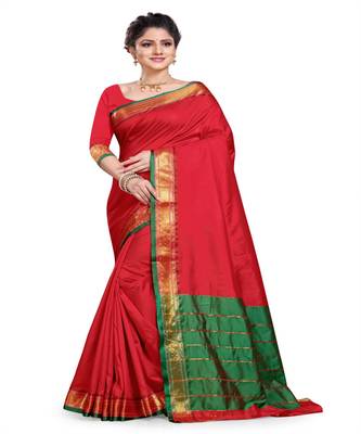 Red woven silk blend saree with blouse 1