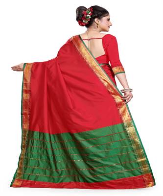 Red woven silk blend saree with blouse 3