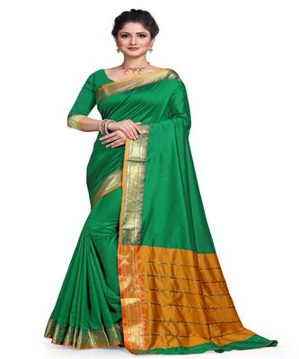 Green woven silk blend saree with blouse 1