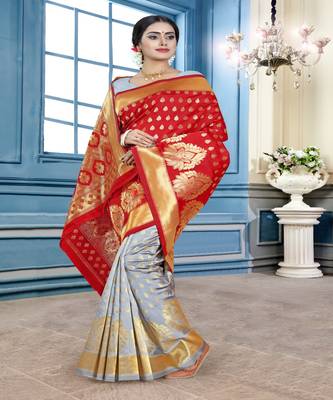 Red woven art silk saree with blouse 1