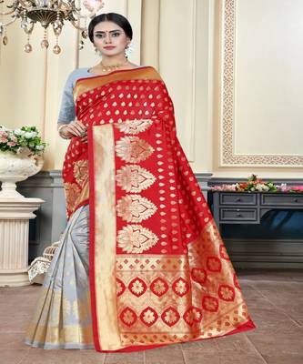 Red woven art silk saree with blouse 2