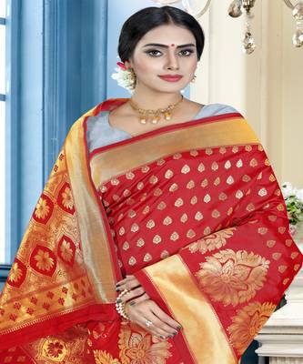 Red woven art silk saree with blouse 5
