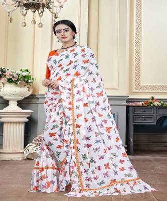 Orange printed georgette saree with blouse 2