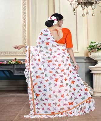 Orange printed georgette saree with blouse 3