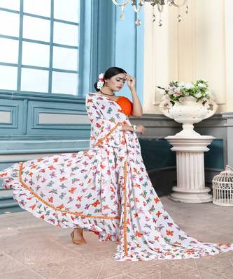 Orange printed georgette saree with blouse 4