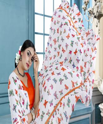 Orange printed georgette saree with blouse 5