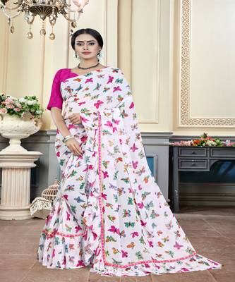 Pink printed georgette saree with blouse 1