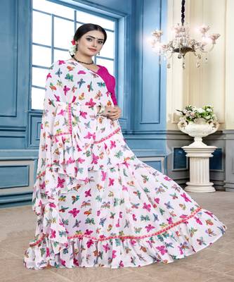 Pink printed georgette saree with blouse 3