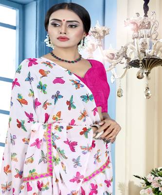 Pink printed georgette saree with blouse 4