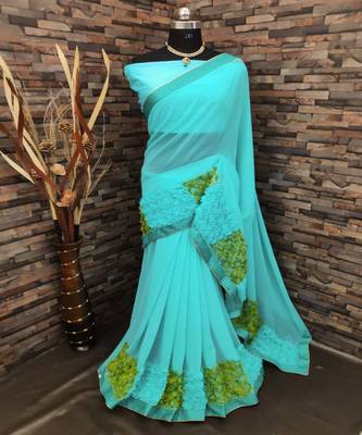 Turquoise embroidered georgette saree with blouse 1
