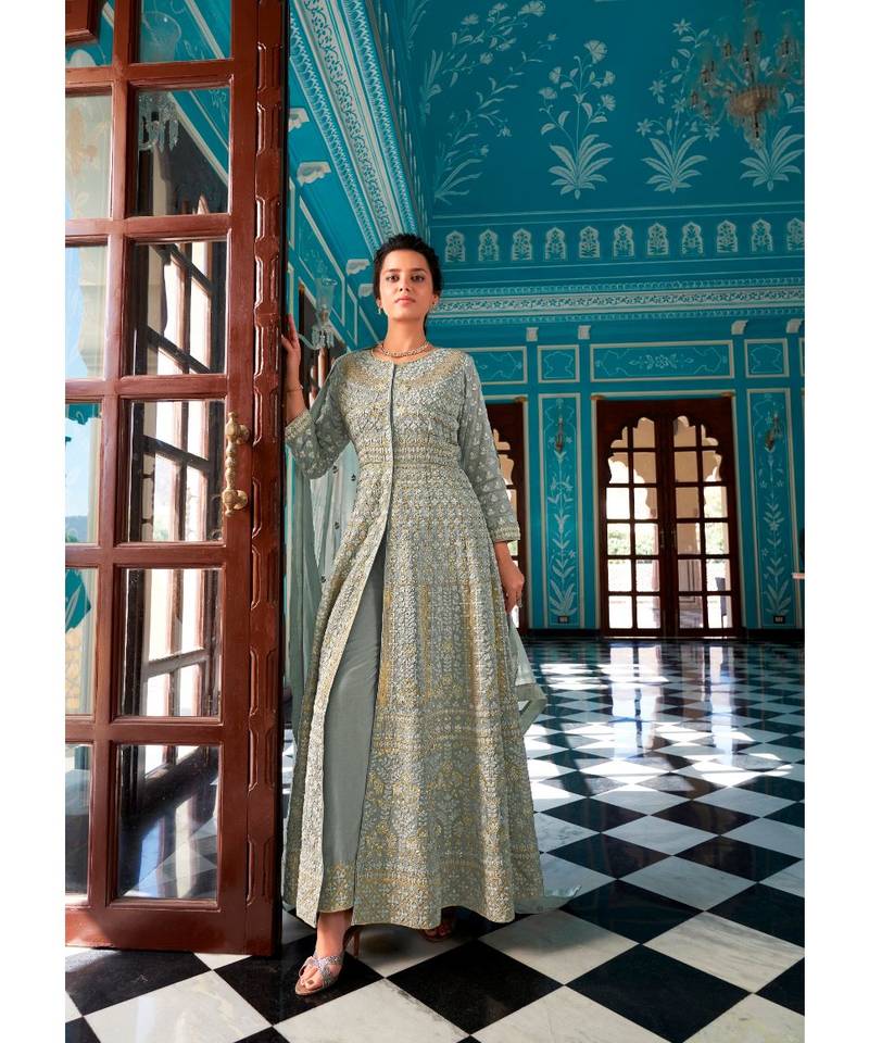 Grey Embroidery Faux Georgette Stitching Anarkali heavy satoon Dress with Lace Dupatta Meraki 6 - JERAJ FASHION - 3557330 Grey Embroidery Faux Georgette Stitching Anarkali heavy satoon Dress with Lace Dupatta Meraki 6 - JERAJ FASHION - 3557330