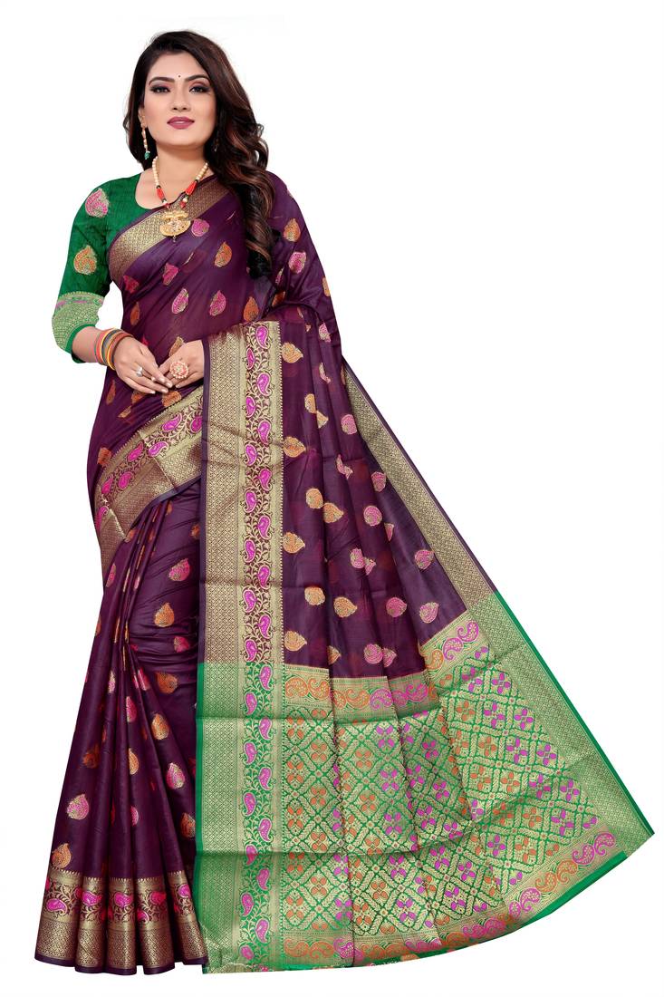 Purple woven art silk saree with blouse