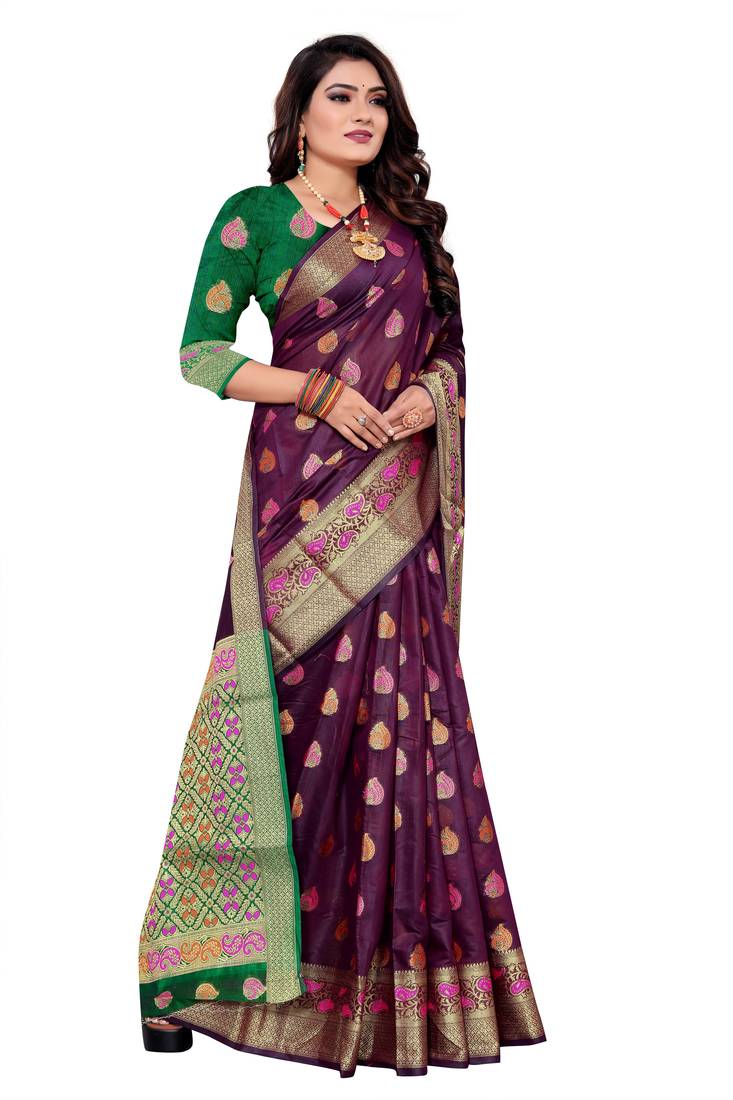 Purple woven art silk saree with blouse