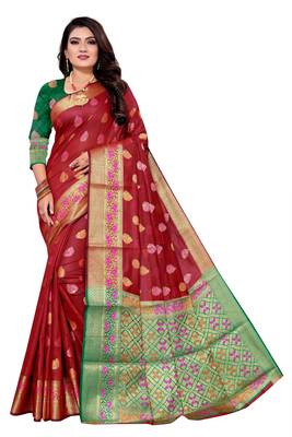 Red woven art silk saree with blouse 1