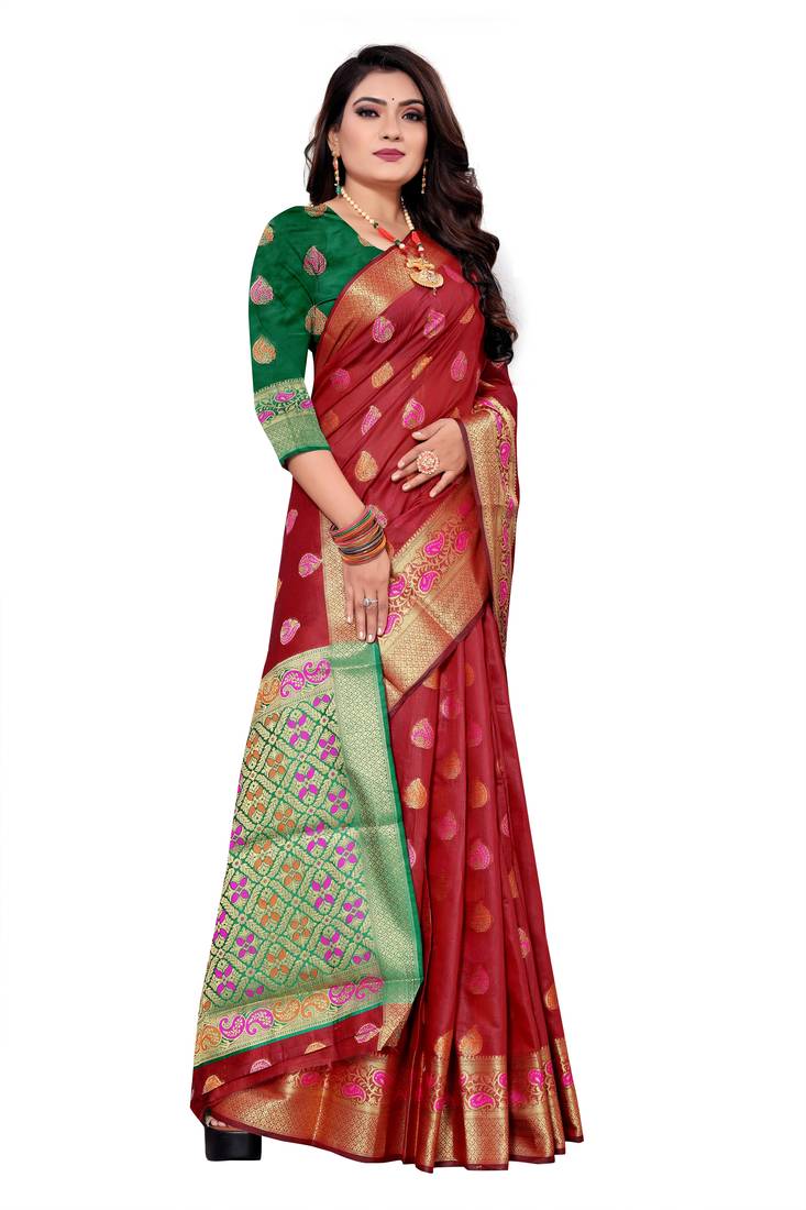 Red woven art silk saree with blouse