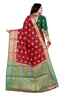 Red woven art silk saree with blouse 3