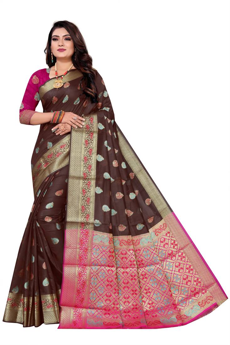 brown women art silk saree with blouse
