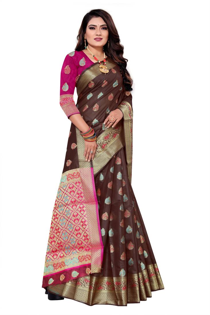 brown women art silk saree with blouse