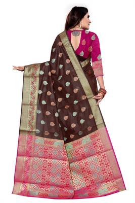 brown women art silk saree with blouse 3
