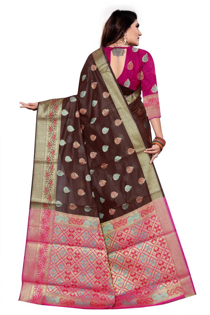 brown women art silk saree with blouse