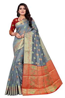 Grey Woven art silk saree with blouse 1