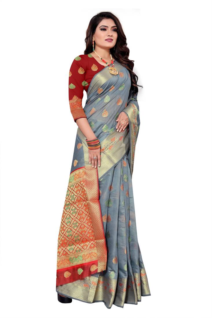 Grey Woven art silk saree with blouse