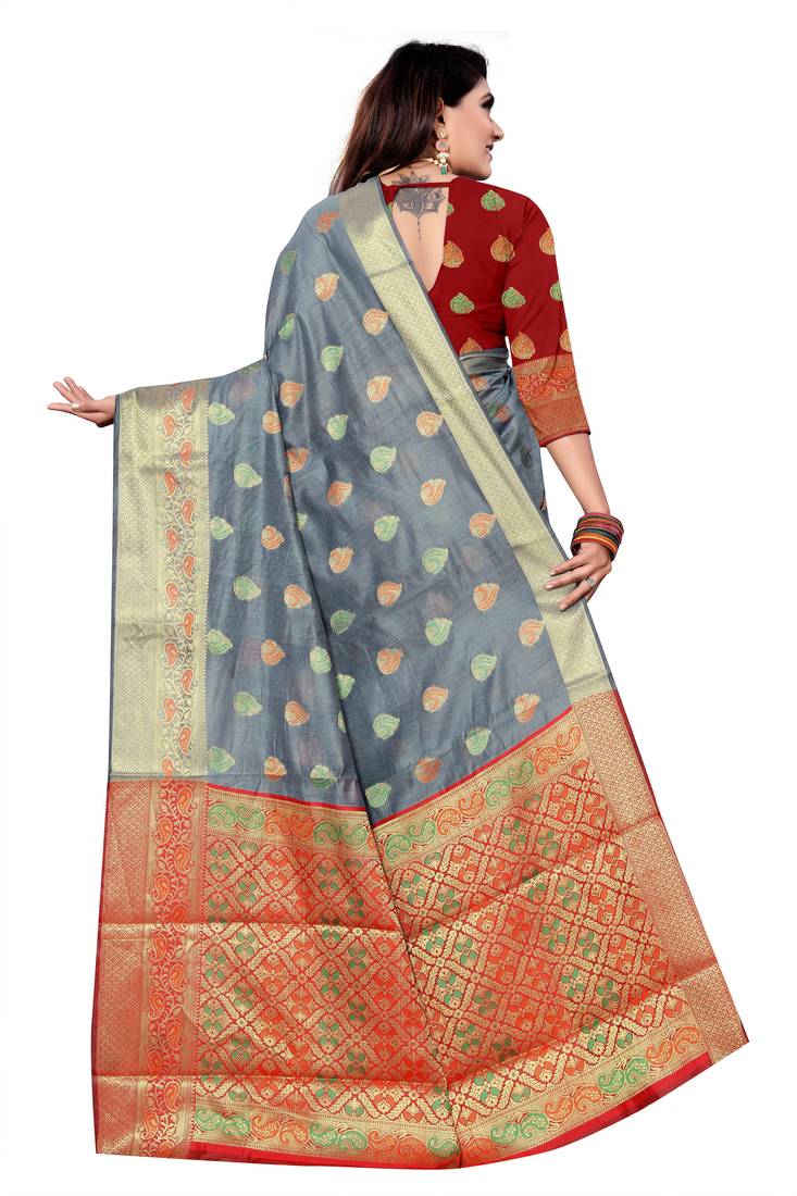 Grey Woven art silk saree with blouse