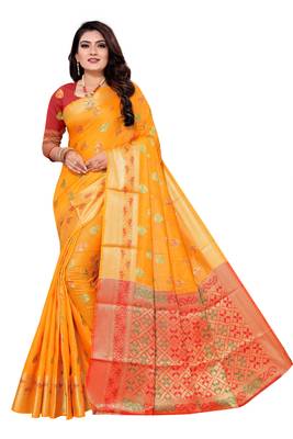 orange woven art silk saree with blouse 1