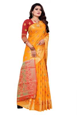 orange woven art silk saree with blouse 2