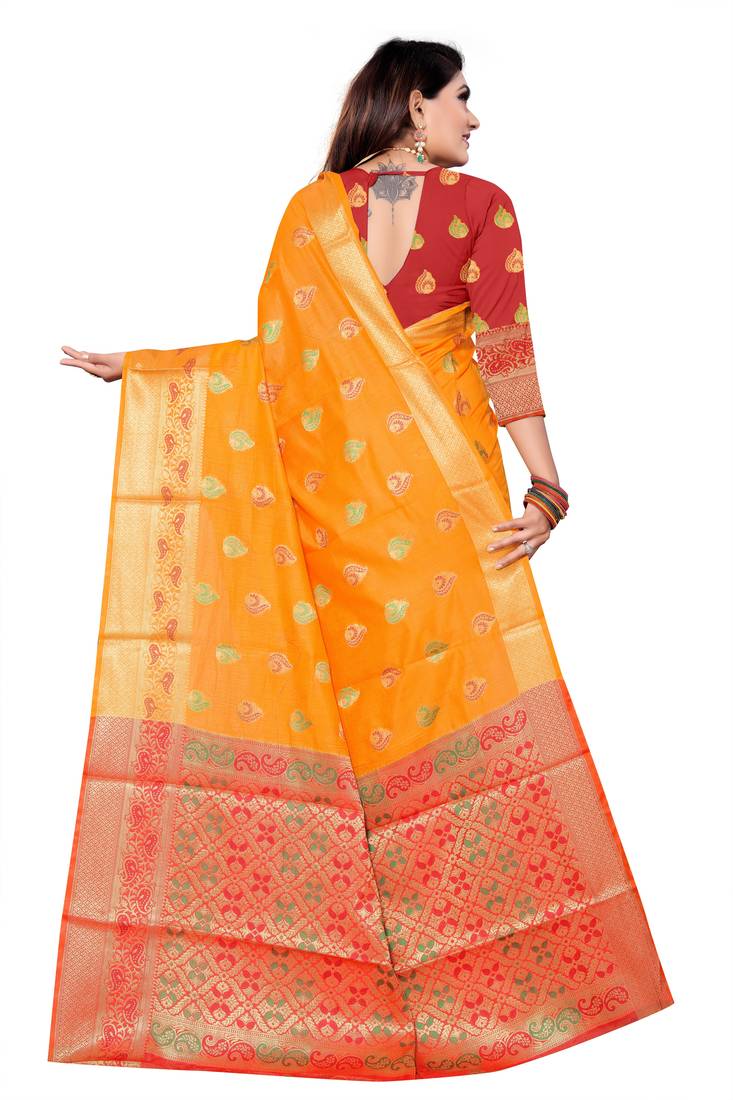 orange woven art silk saree with blouse