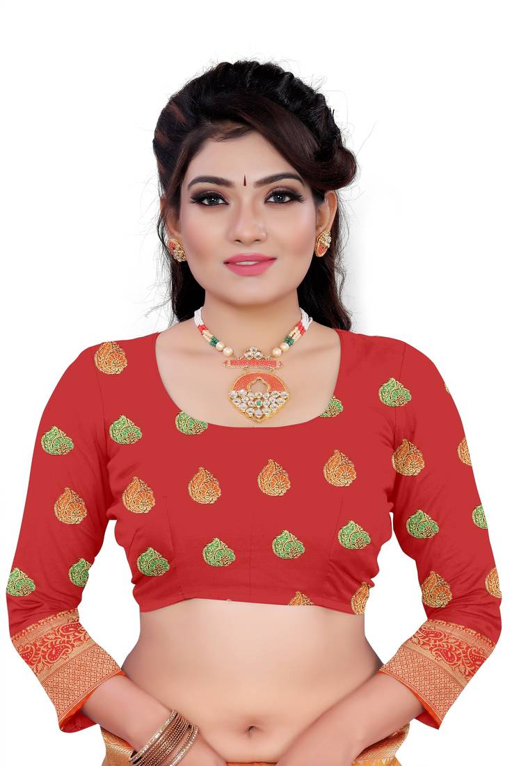 orange woven art silk saree with blouse