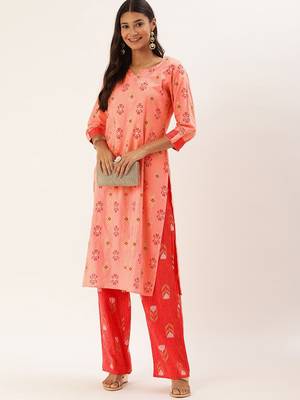 Peach Printed Cotton Cotton-Kurtis 1