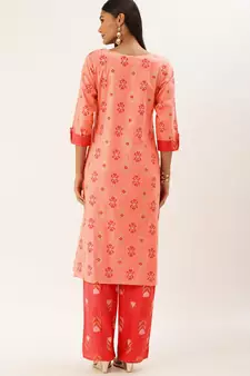 Peach Printed Cotton Cotton-Kurtis