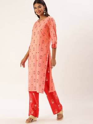 Peach Printed Cotton Cotton-Kurtis 3