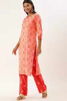 Peach Printed Cotton Cotton-Kurtis