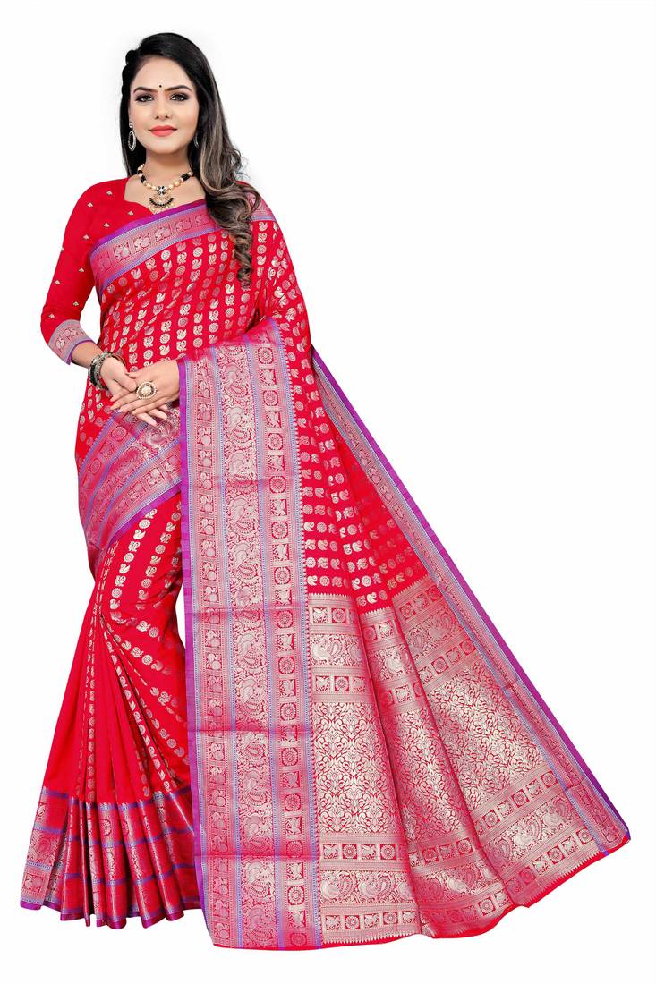 pink woven art silk saree with blouse