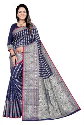 Blue woven art silk saree with blouse 1