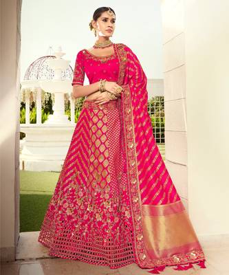 Rani Pink Embroidered  Silk Semi Stiched Lehenga 1
