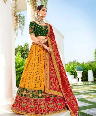 Yellow Embroidered Silk Semi stiched Lehenga  1