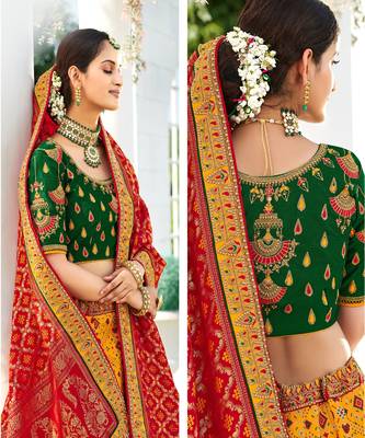Yellow Embroidered Silk Semi stiched Lehenga  2