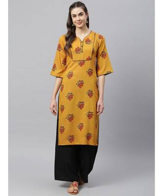 Women Mustard & Black Ethnic Printed Straight Kurta 1