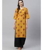 Women Mustard & Black Ethnic Printed Straight Kurta