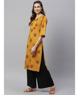 Women Mustard & Black Ethnic Printed Straight Kurta 3