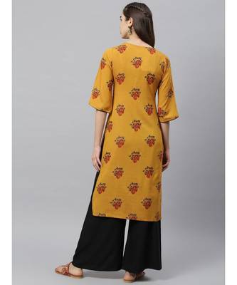 Women Mustard & Black Ethnic Printed Straight Kurta 4