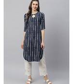 Navy Blue Printed Stripe Kurta