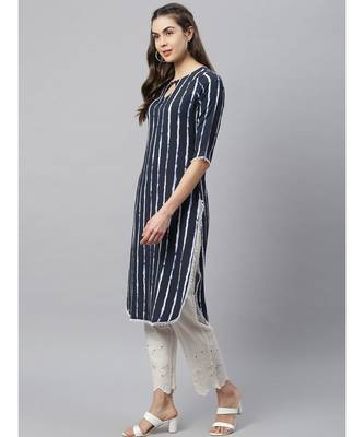 Navy Blue Printed Stripe Kurta 4