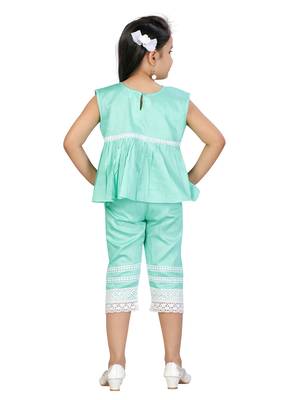 Green plain cotton girls-top-bottom 4