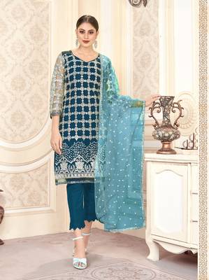 Teal-blue embroidered net salwar 1