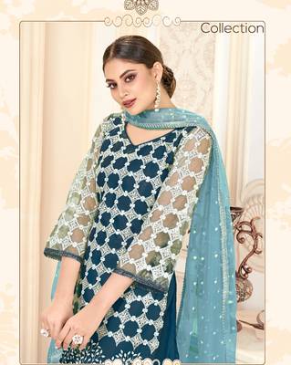 Teal-blue embroidered net salwar 2