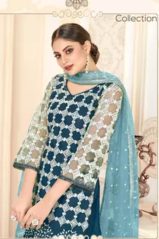 Teal-blue embroidered net salwar